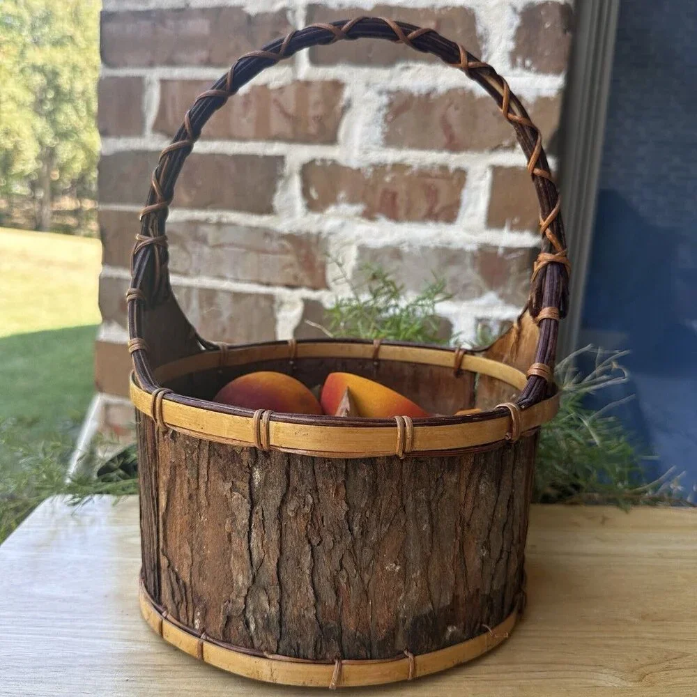 VTG Basket 12 Inch Bark Bent Wood Splint Country Market CottageCore Wooden Fruit